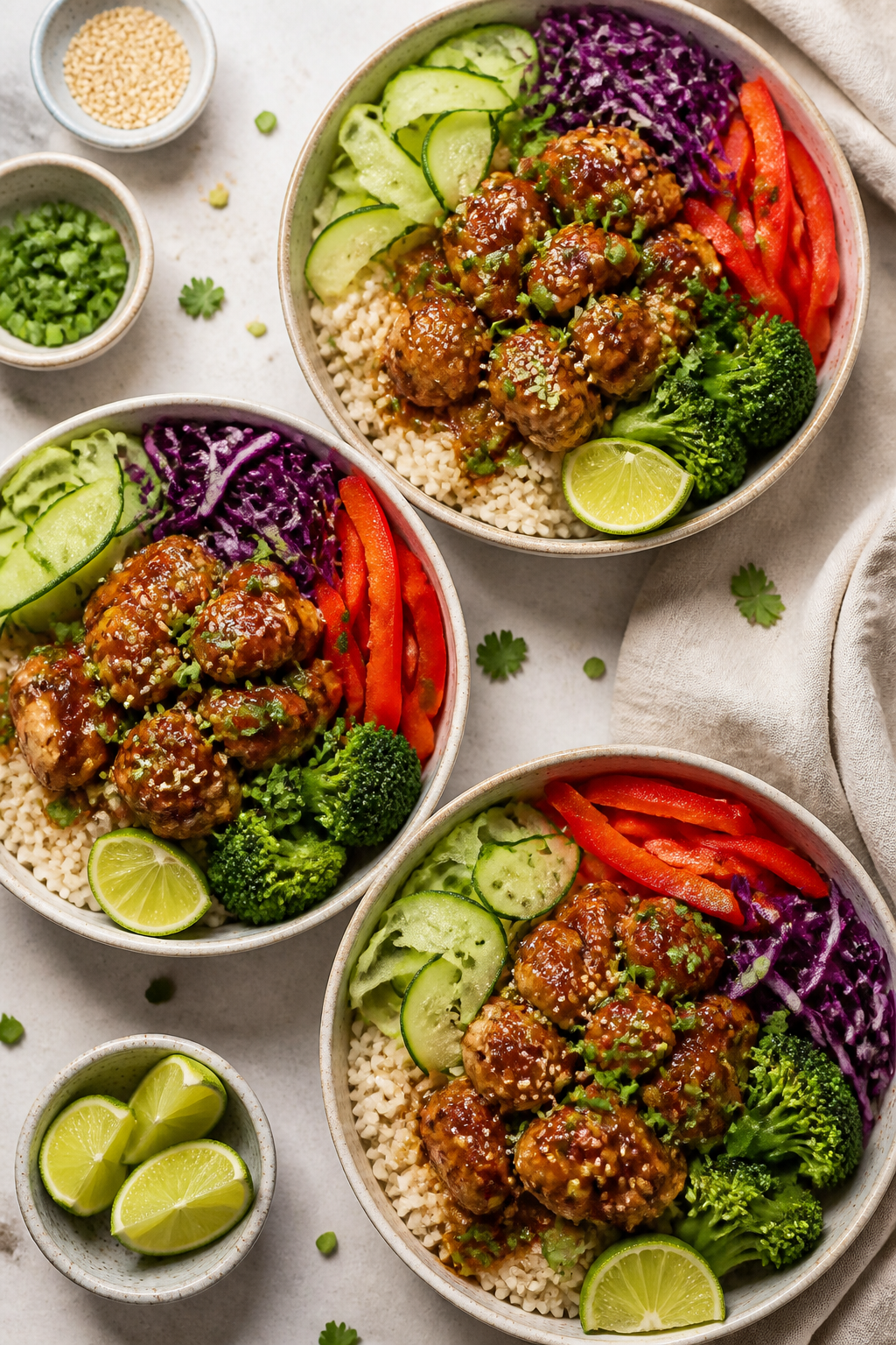 Tasty top view: Overhead shot of Healthy Honey Sriracha Chicken Bowls arranged for meal prep—three