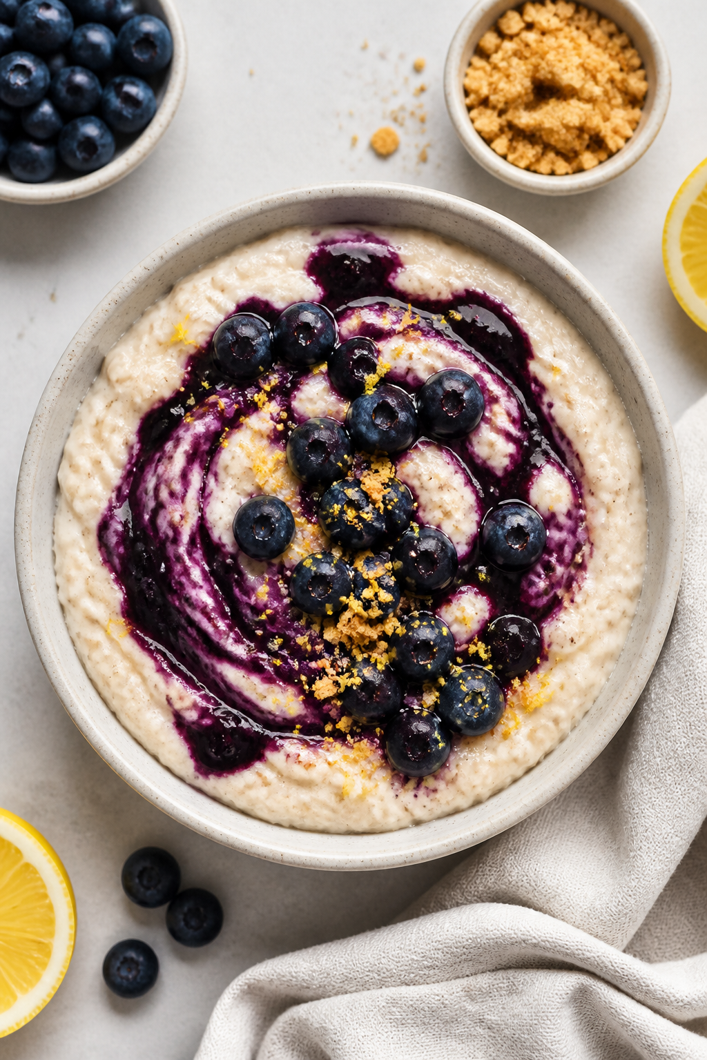 Tasty top view: Overhead shot of High Protein Blueberry Cheesecake Oats served in a low, wide bowl;