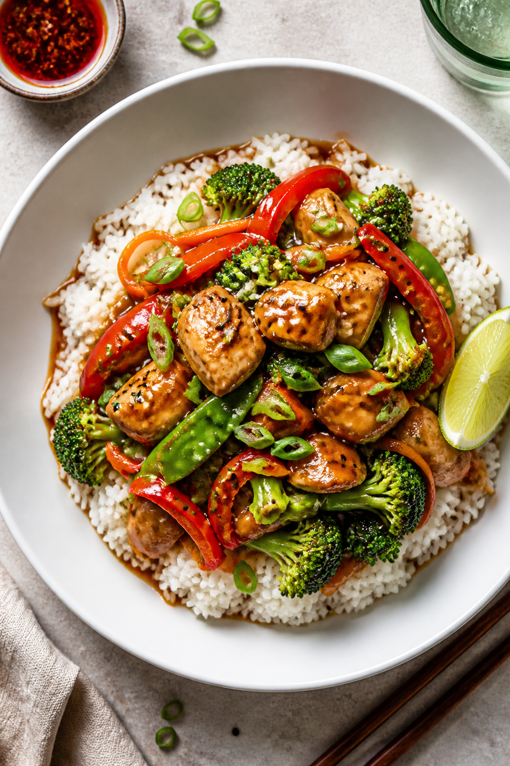 Tasty top view: Overhead shot of high protein chicken stir fry served over fluffy jasmine rice in a 