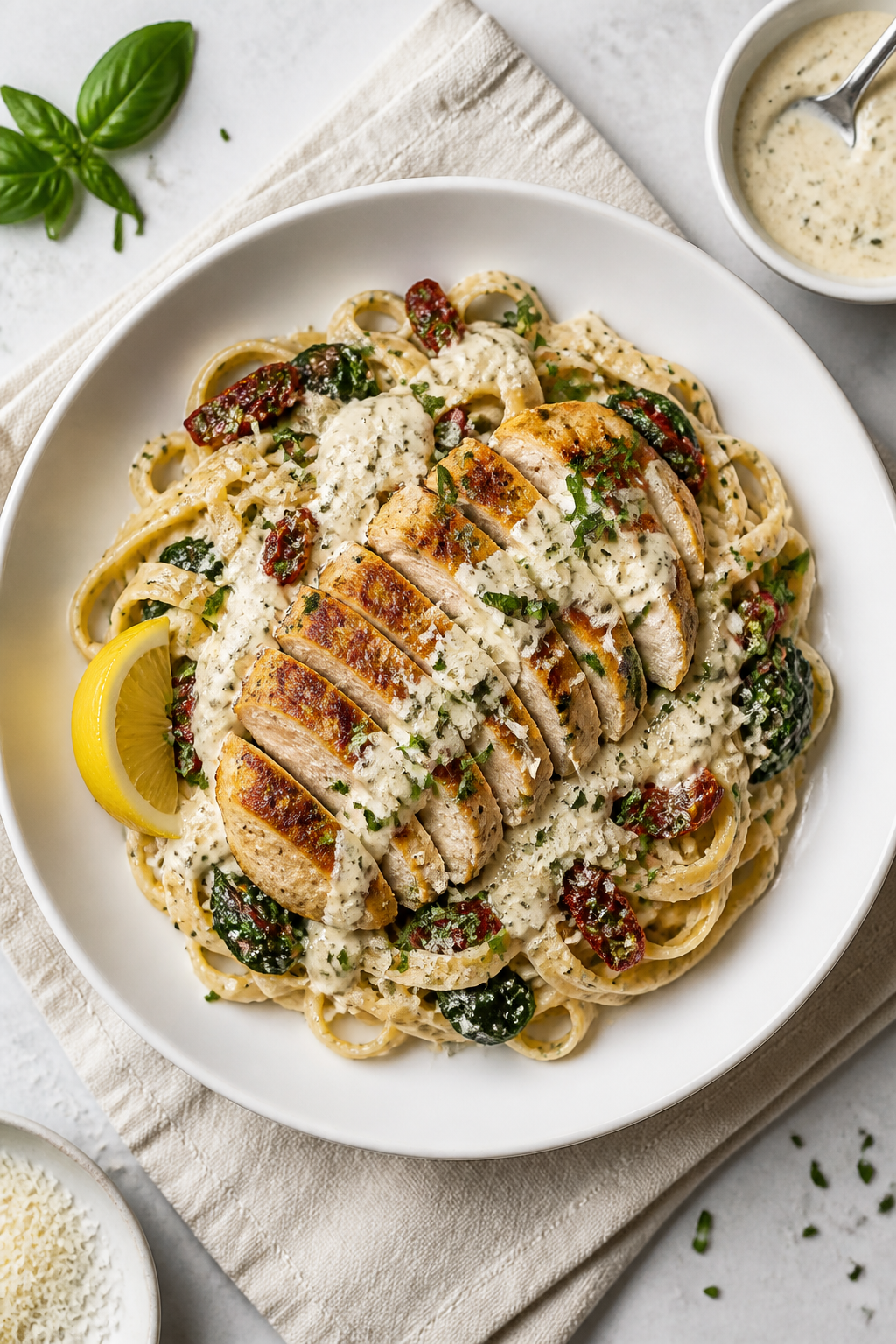 Tasty top view: Overhead shot of High Protein Tuscan Chicken served over al dente fettuccine, genero