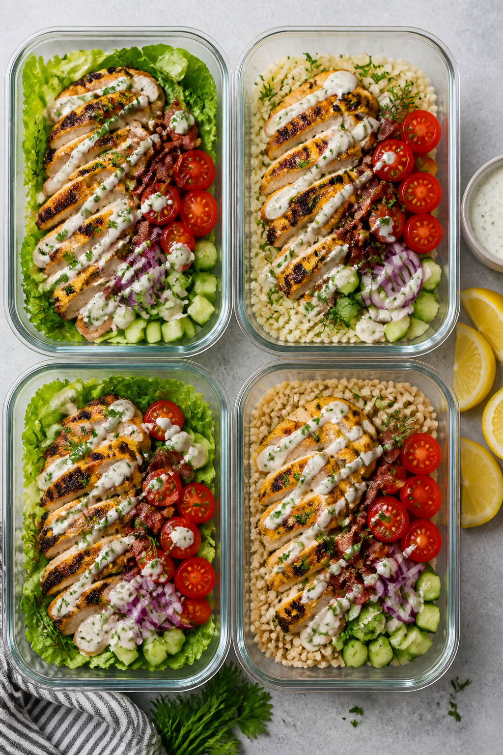 Tasty top view: Overhead shot of Low Calorie Chicken Bacon Ranch Bowls assembled for meal prep—fou