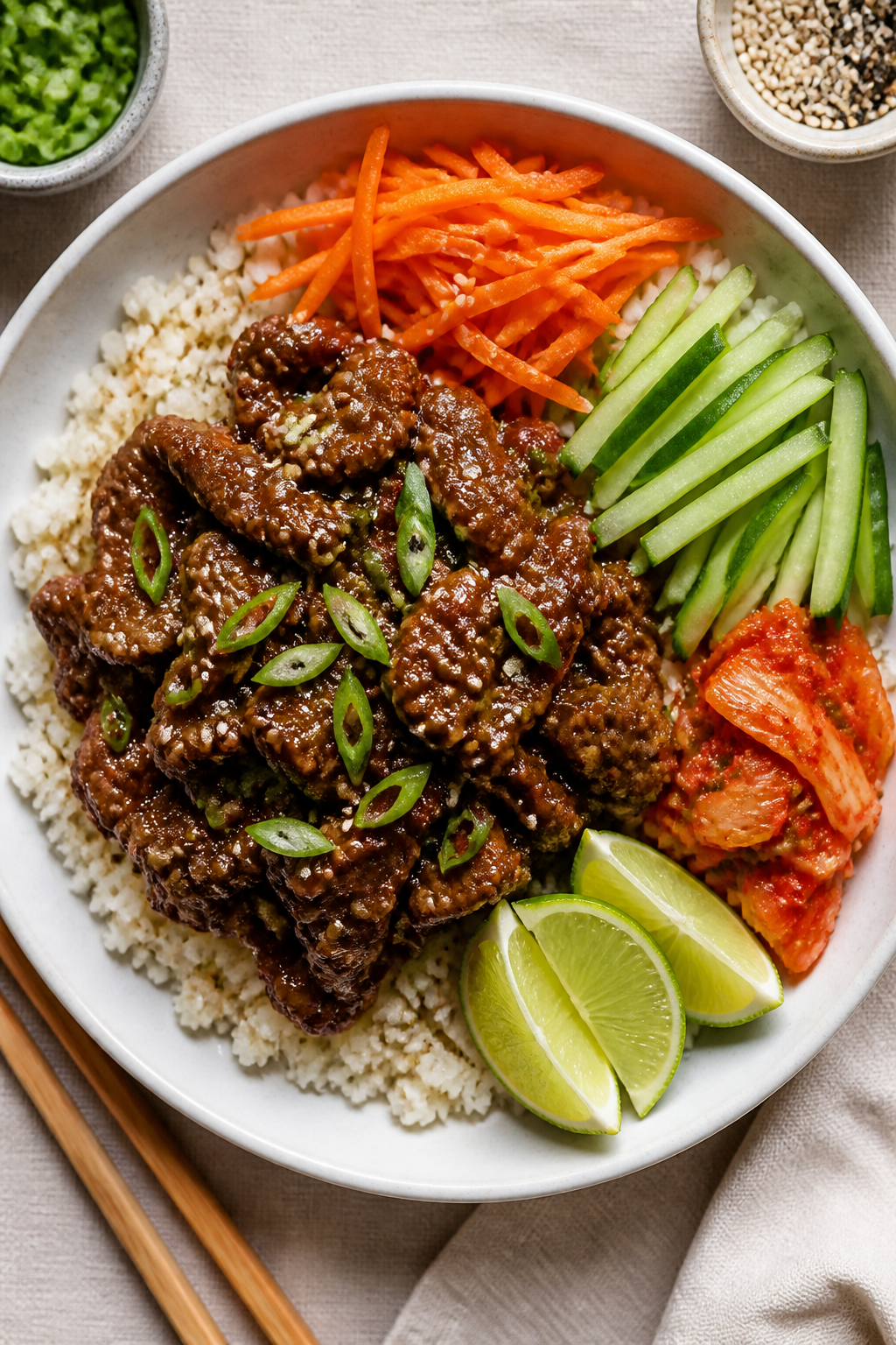 Tasty top view: Overhead shot of Low Calorie Korean Beef Bowls assembled with cauliflower rice base,