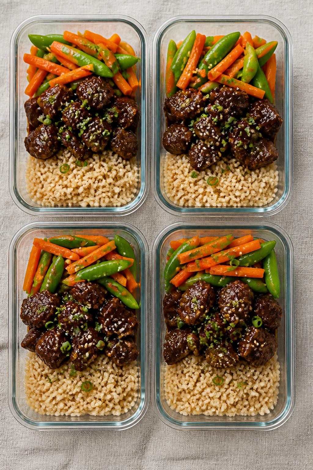 Tasty top view: Overhead shot of meal-prep containers arranged in a neat grid—each holding a bed o