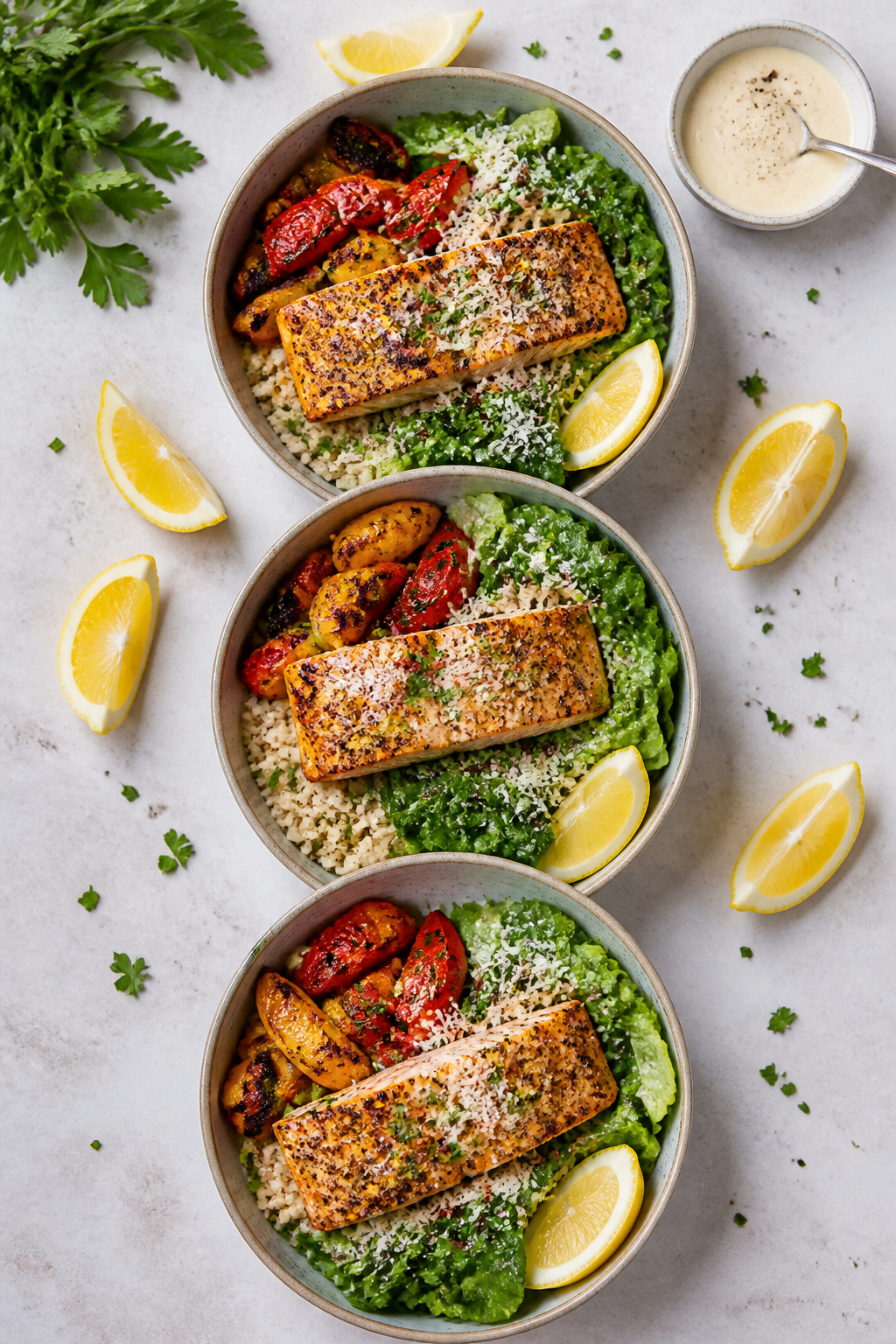 Tasty top view: Overhead shot of meal-prep lineupāthree assembled salmon bowls side-by-side showin