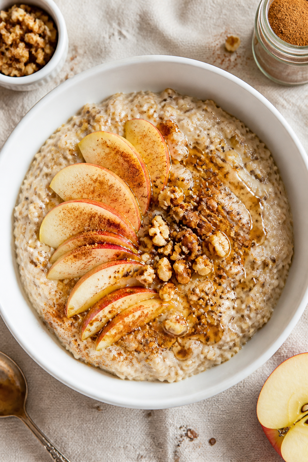 Tasty top view: Overhead shot of Protein Packed Apple Cinnamon Oatmeal in a wide white bowl, ultra-c