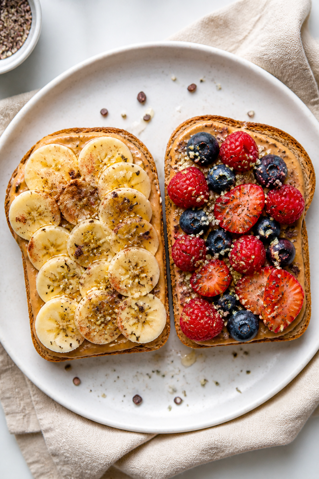 Tasty top view: Overhead shot of Protein Packed Peanut Butter Toast fully assembledâtwo slices gen