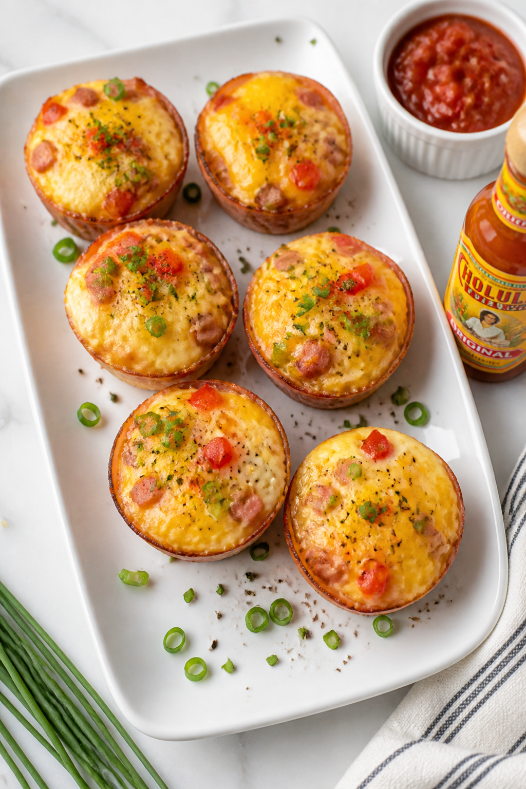 Tasty top view: Overhead shot of six Ham Egg & Cheese Breakfast Cups arranged on a matte white platt