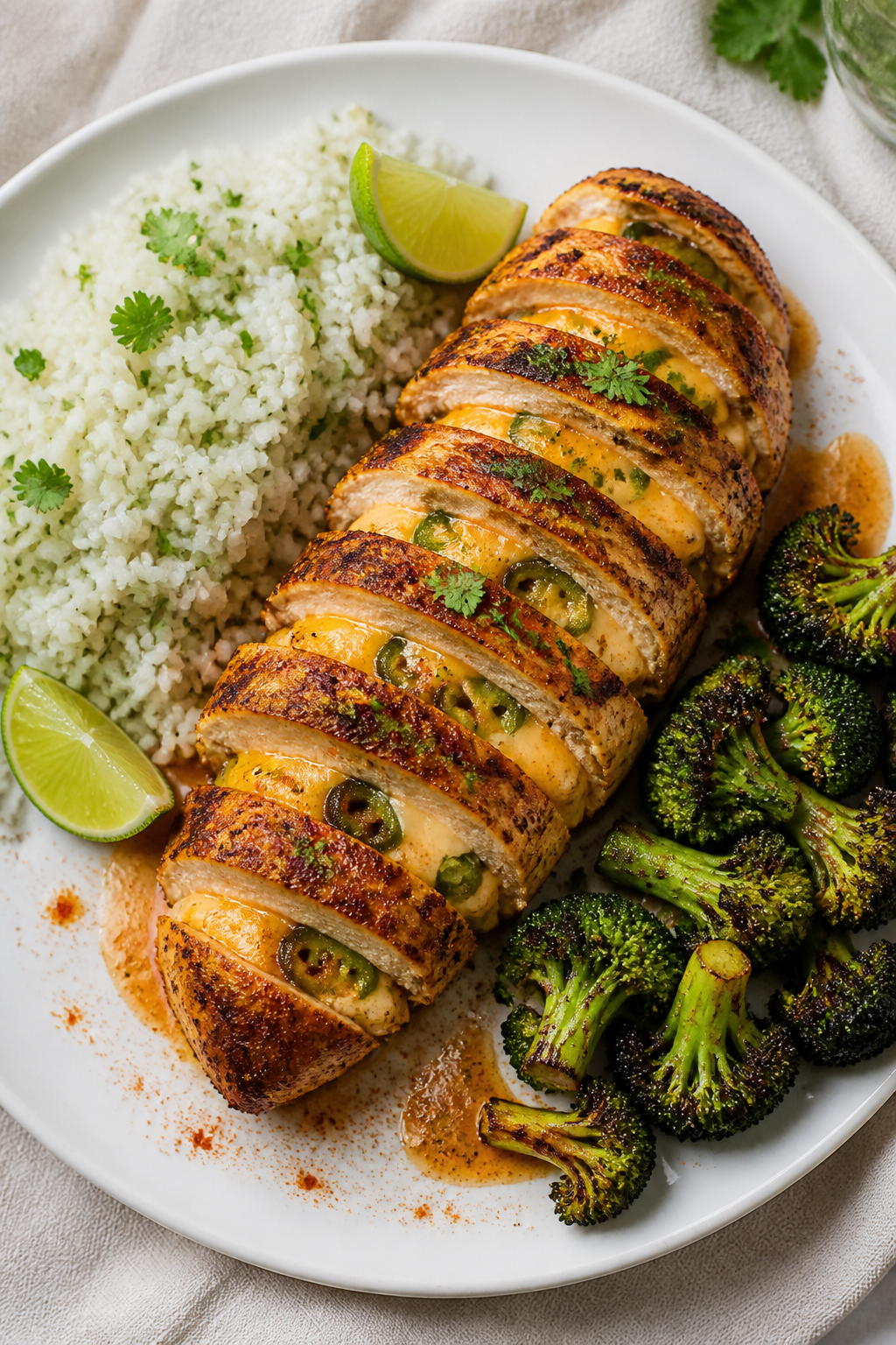 Tasty top view: Overhead shot of sliced jalapeño cheddar stuffed chicken fanned out on a white cera