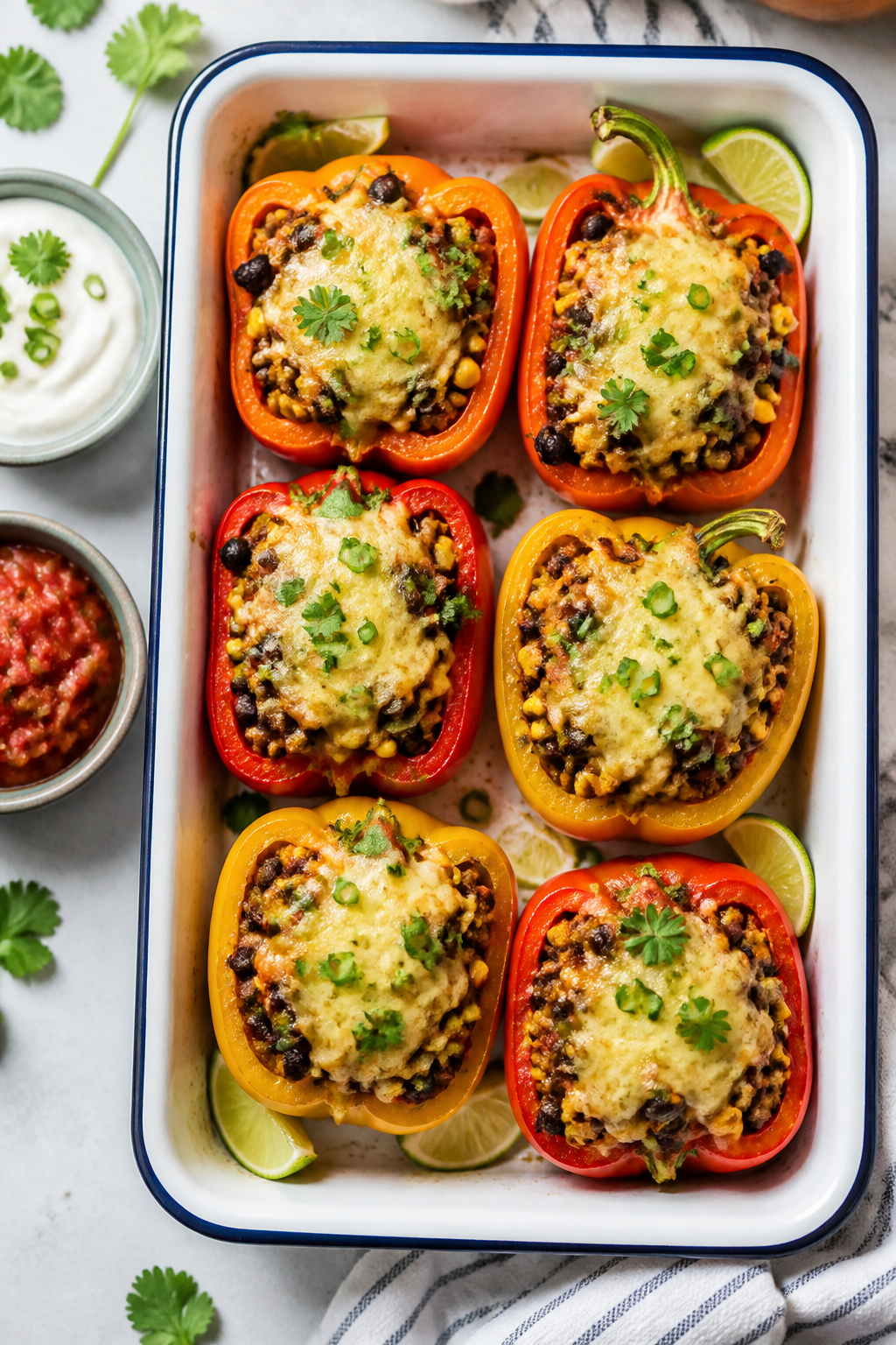 Tasty top view: Overhead shot of taco stuffed bell pepper halves just out of the oven on a white ena