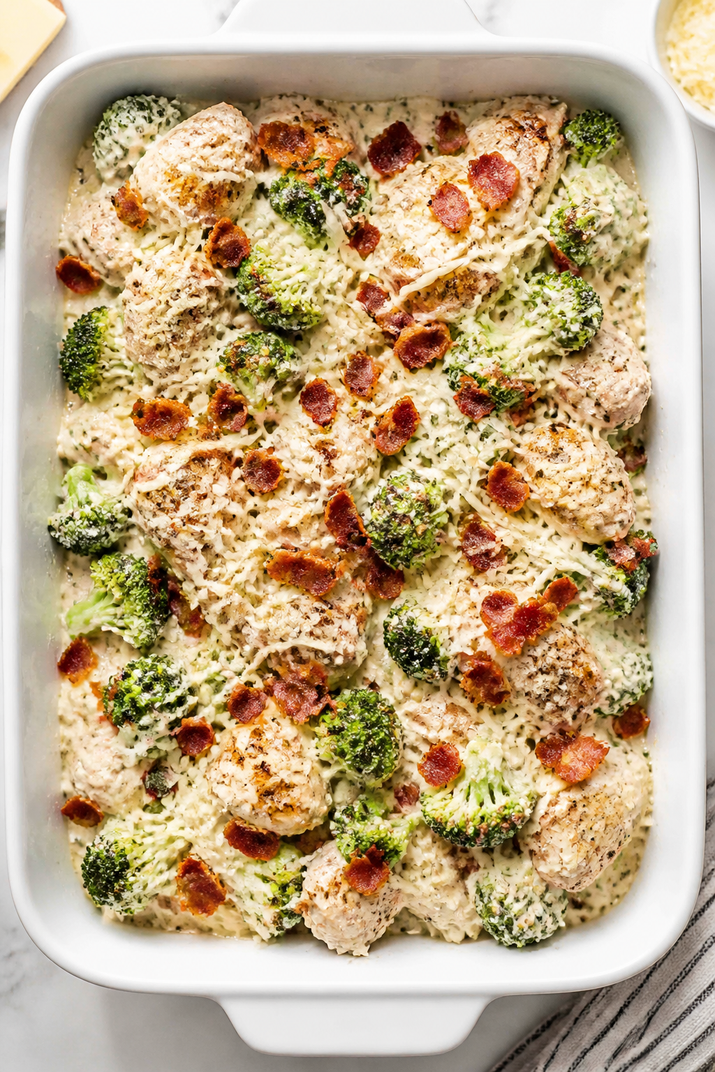 Tasty top view: Overhead shot of the assembled bake in a 9x13 dish mid-processâseared chicken piec