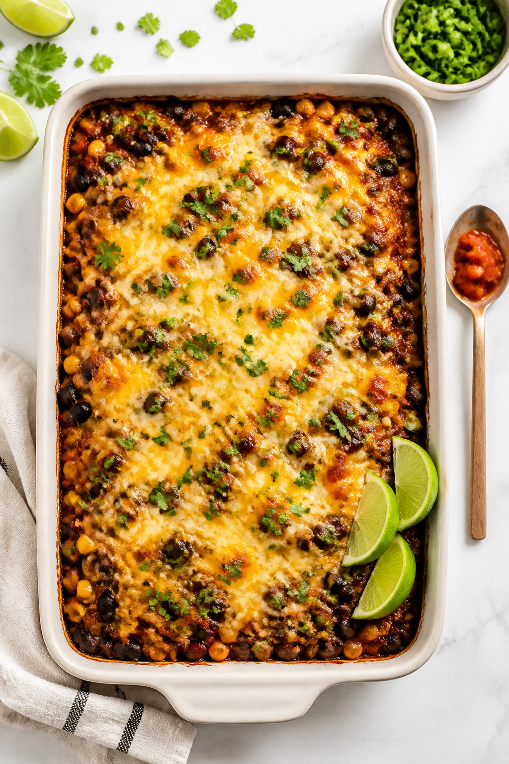 Tasty top view: Overhead shot of the assembled beef & bean casserole just out of the oven in a 9x13 
