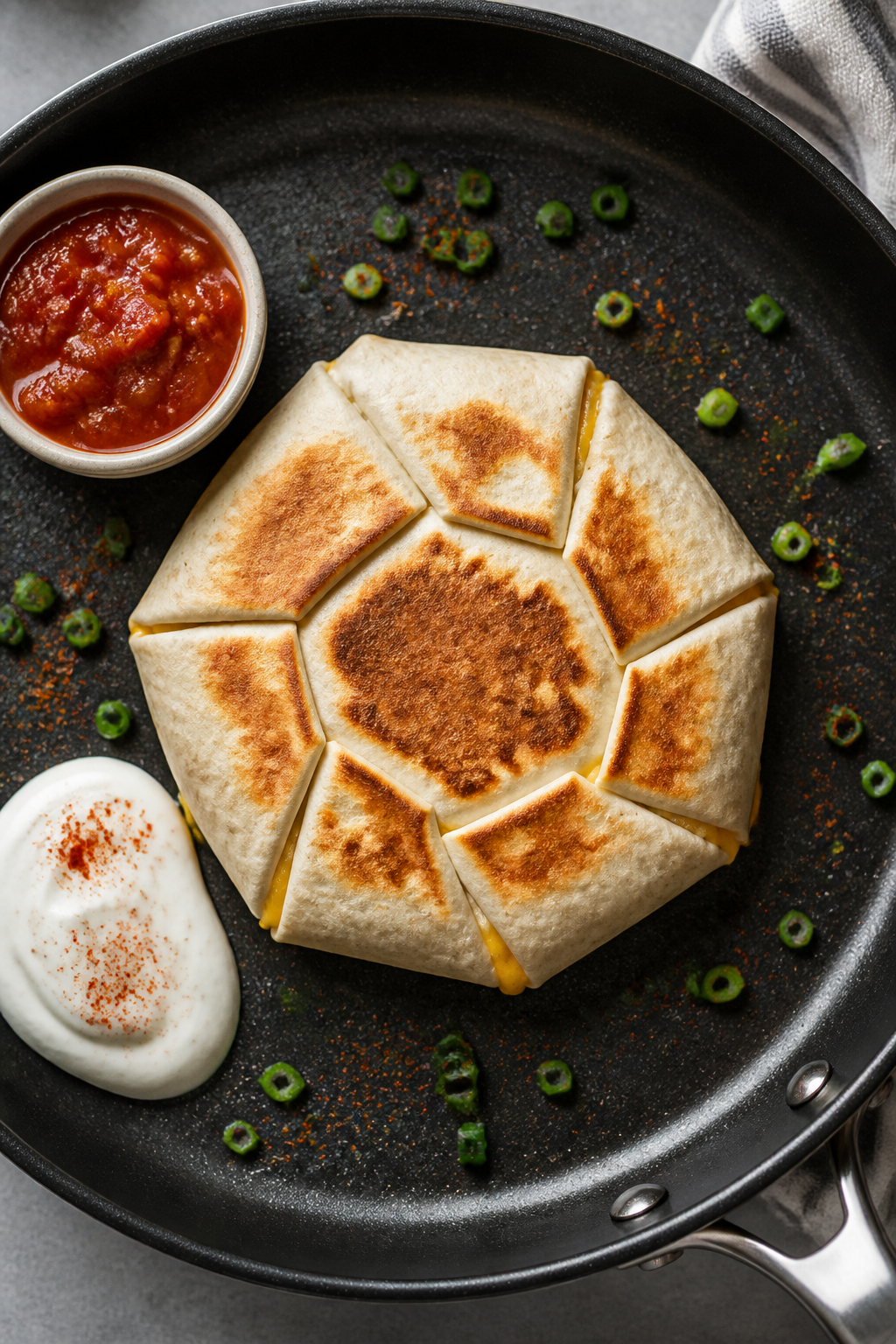 Tasty top view: Overhead shot of the assembled high protein breakfast crunch wrap just after folding