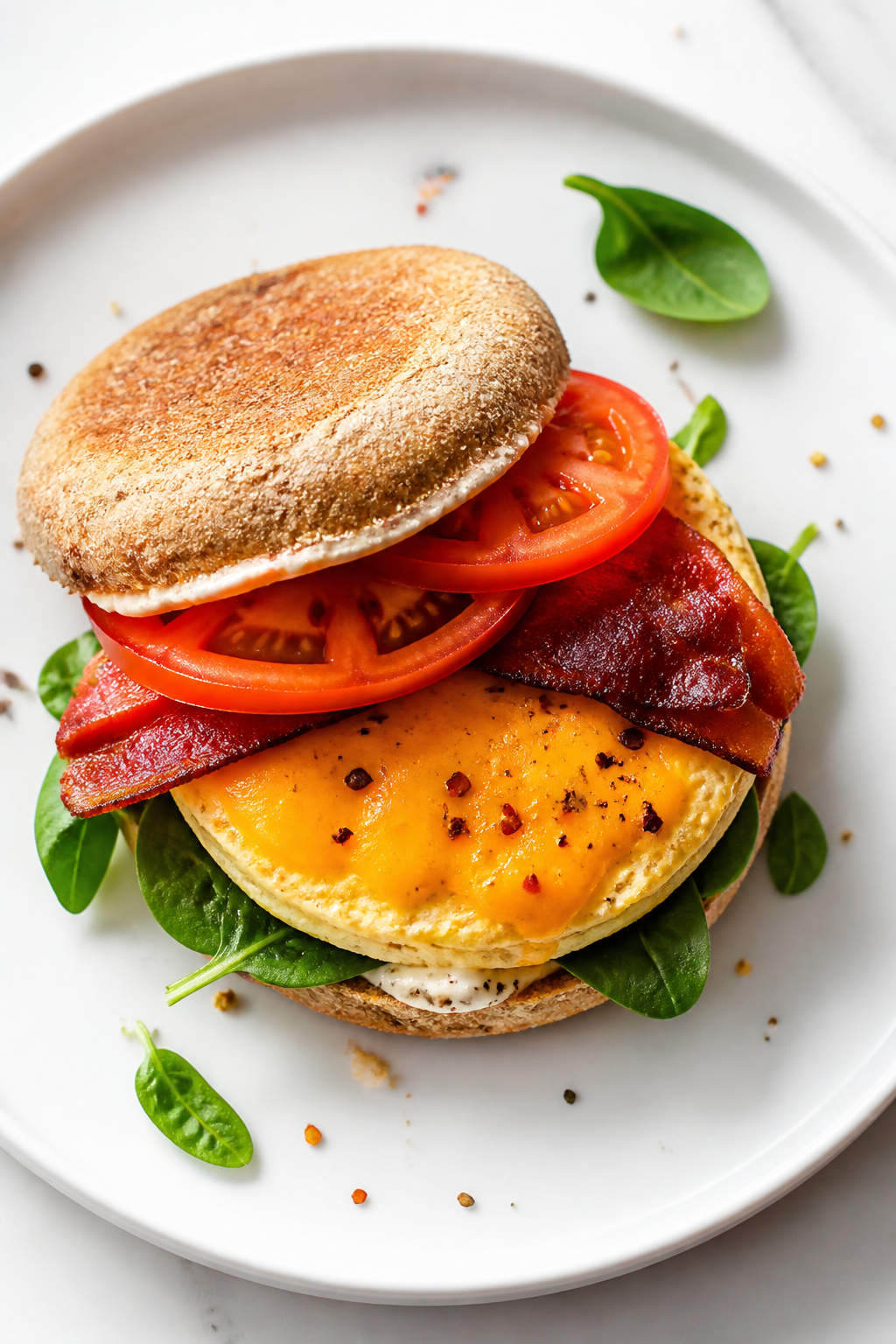 Tasty top view: Overhead shot of the assembled High Protein Breakfast Sandwich on a toasted whole-gr