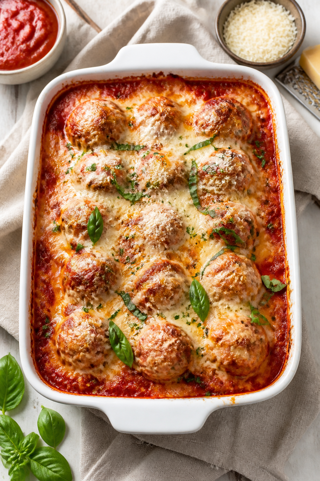 Tasty top view: Overhead shot of the assembled Meatball Parmesan Casserole just out of the oven—un
