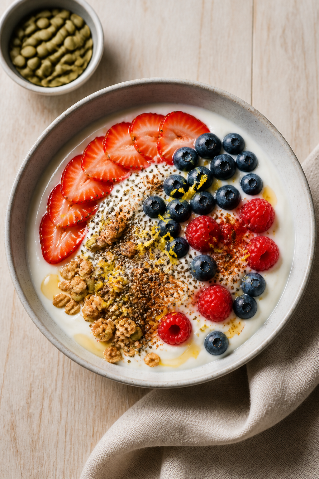 Tasty top view: Overhead shot of the assembled Protein Packed Berry Yogurt Bowl—creamy white yogur