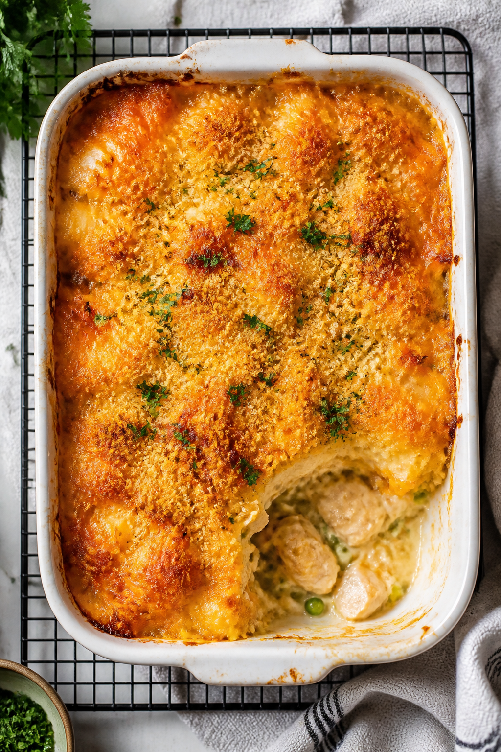 Tasty top view: Overhead shot of the baked casserole just out of the oven—deep golden, crunchy bre