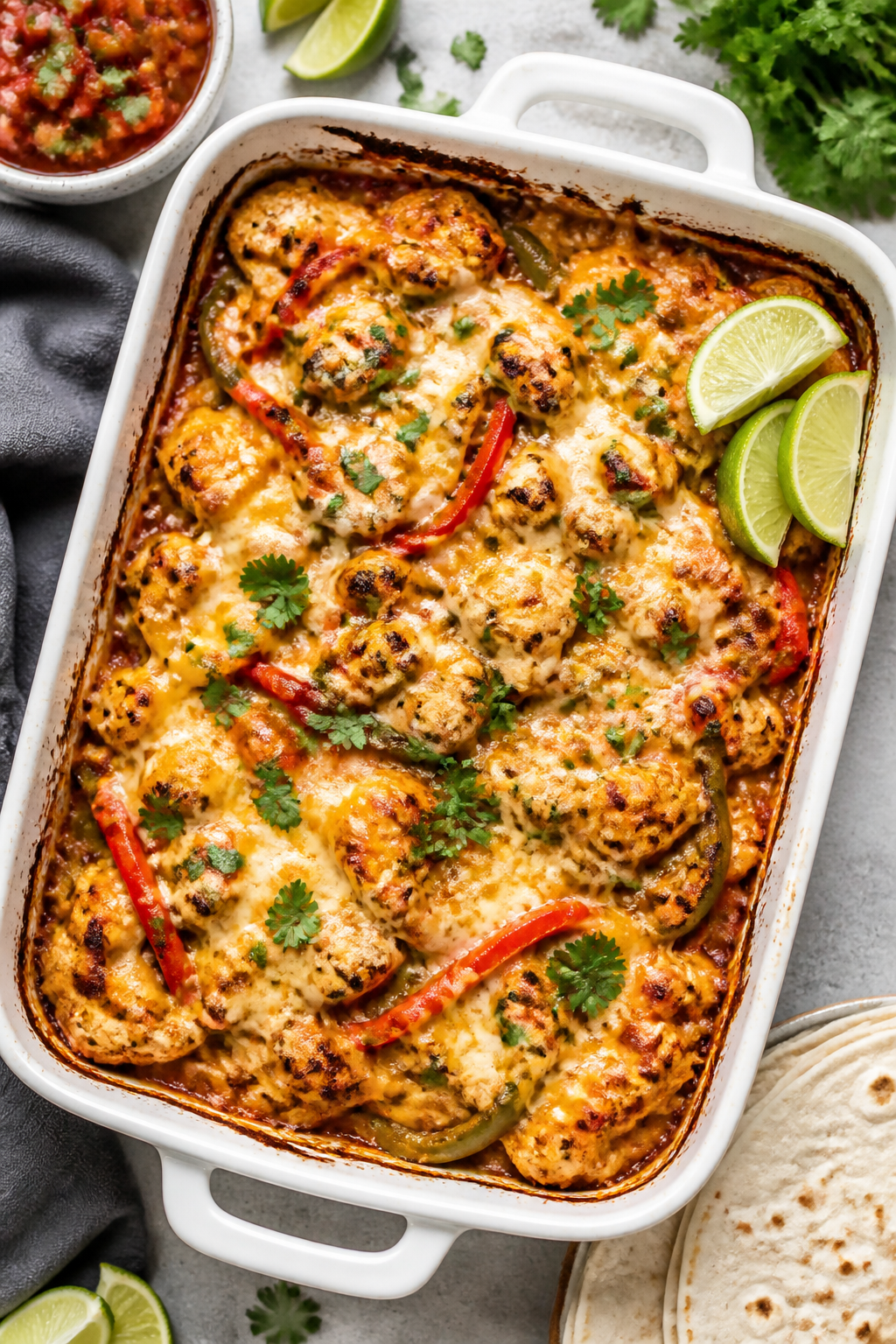Tasty top view: Overhead shot of the baked Cheesy Chicken Fajita Protein Casserole fresh from the ov
