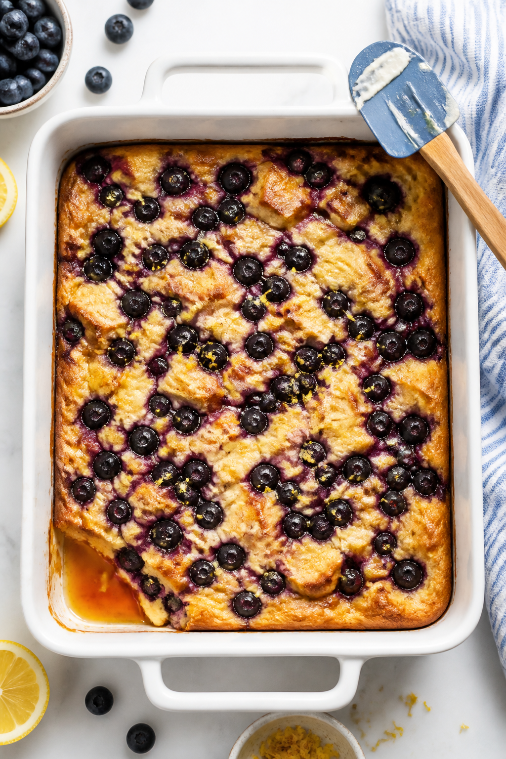 Tasty top view: Overhead shot of the Breakfast Bake in an 8x8-inch baking dish, surface studded with