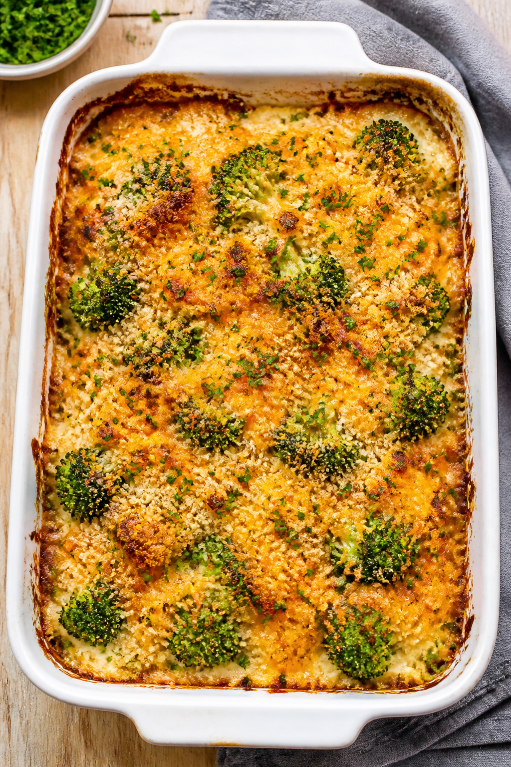 Tasty top view — Overhead shot of the casserole in the baking dish after final bake: evenly melted