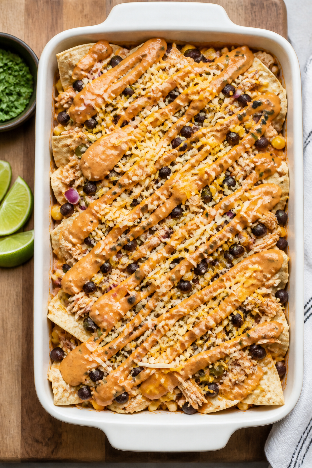 Tasty top view: Overhead shot of the casserole mid-assembly in a 9x13 dish—first baked layer compl