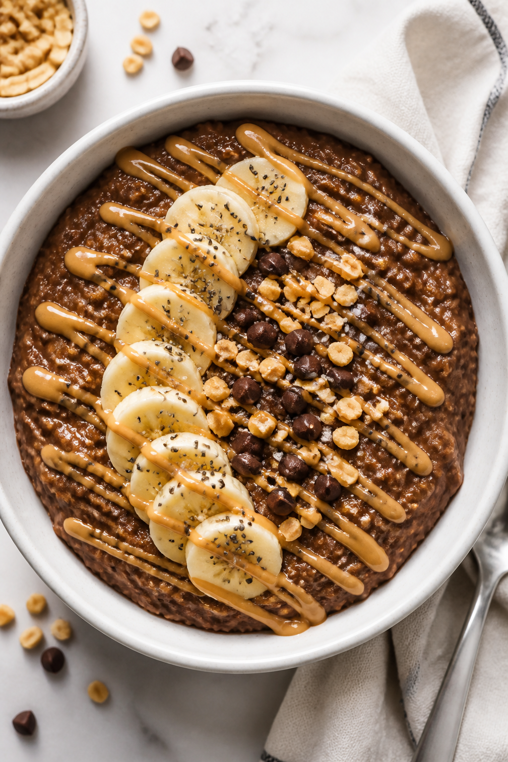Tasty top view â Overhead shot of the final plated Chocolate Peanut Butter Protein Oatmeal: dark c