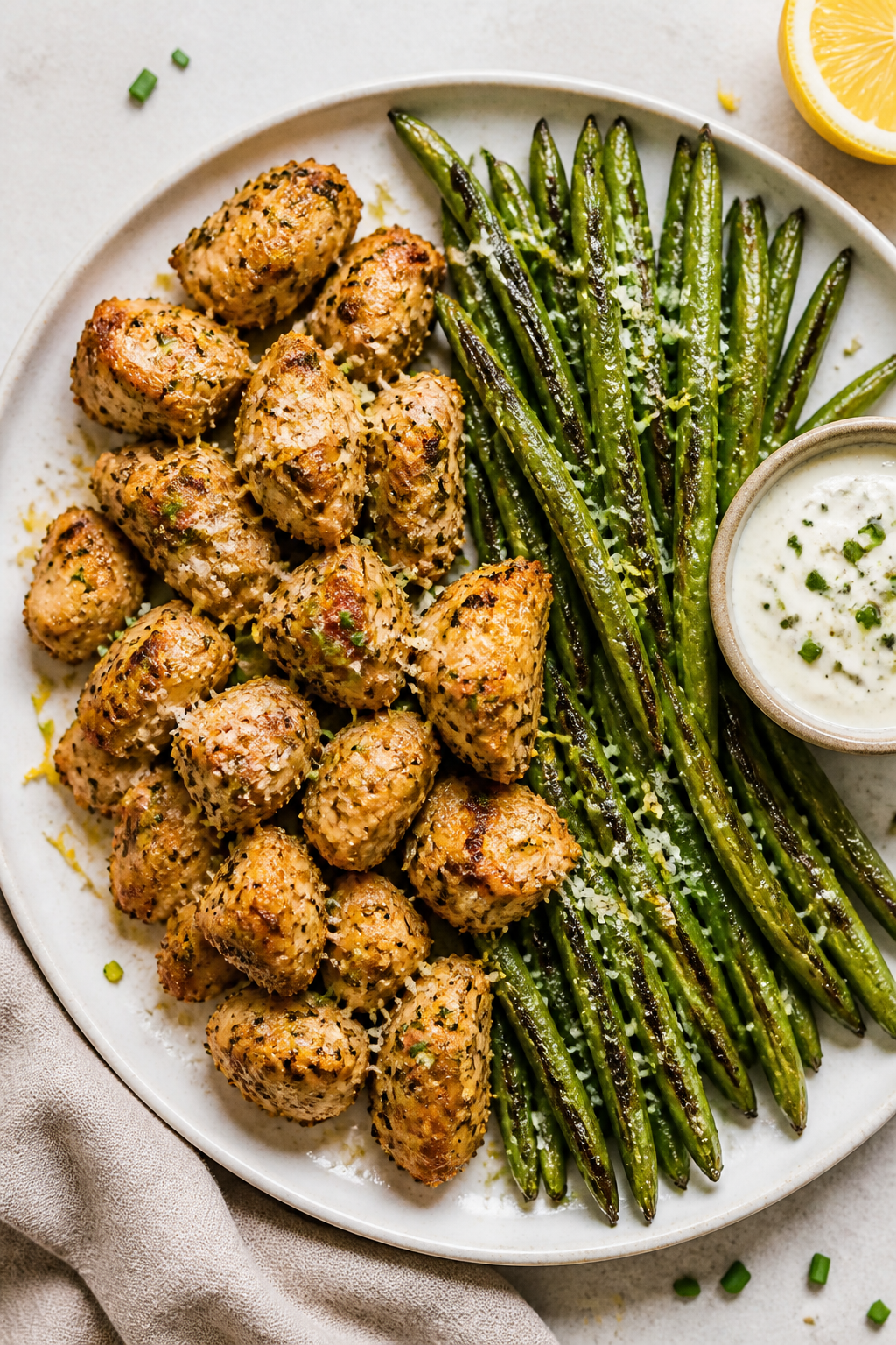 Tasty top view: Overhead shot of the final plated Air Fryer Ranch Chicken & Green Beans—juicy, wel