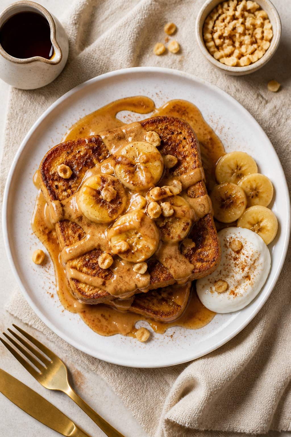 Tasty top view: Overhead shot of the final plated Peanut Butter Banana Protein French Toast stackâ