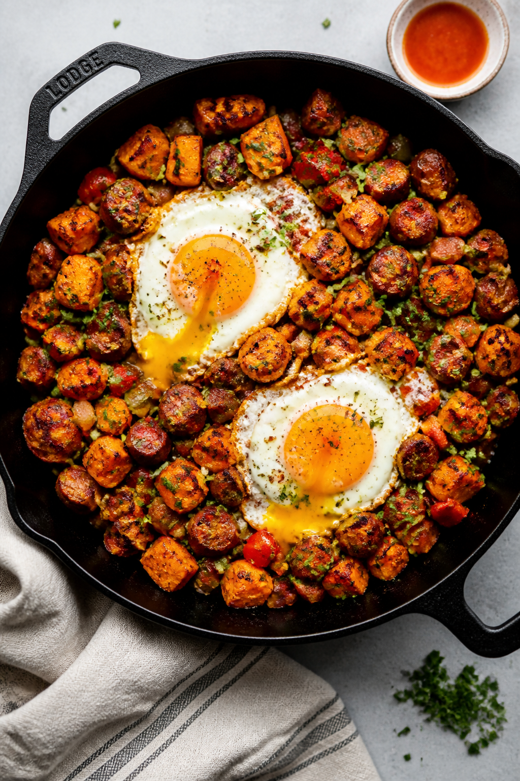 Tasty top view – Overhead shot of the finished Chicken Sausage & Sweet Potato Hash in the skillet,
