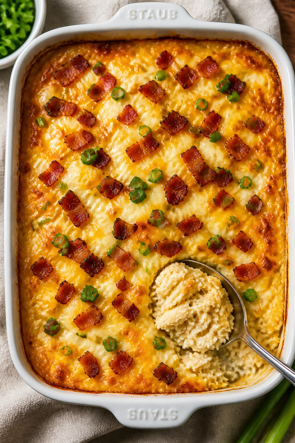 Tasty top view: Overhead shot of the finished Crack Chicken Protein Casserole fresh out of the oven,