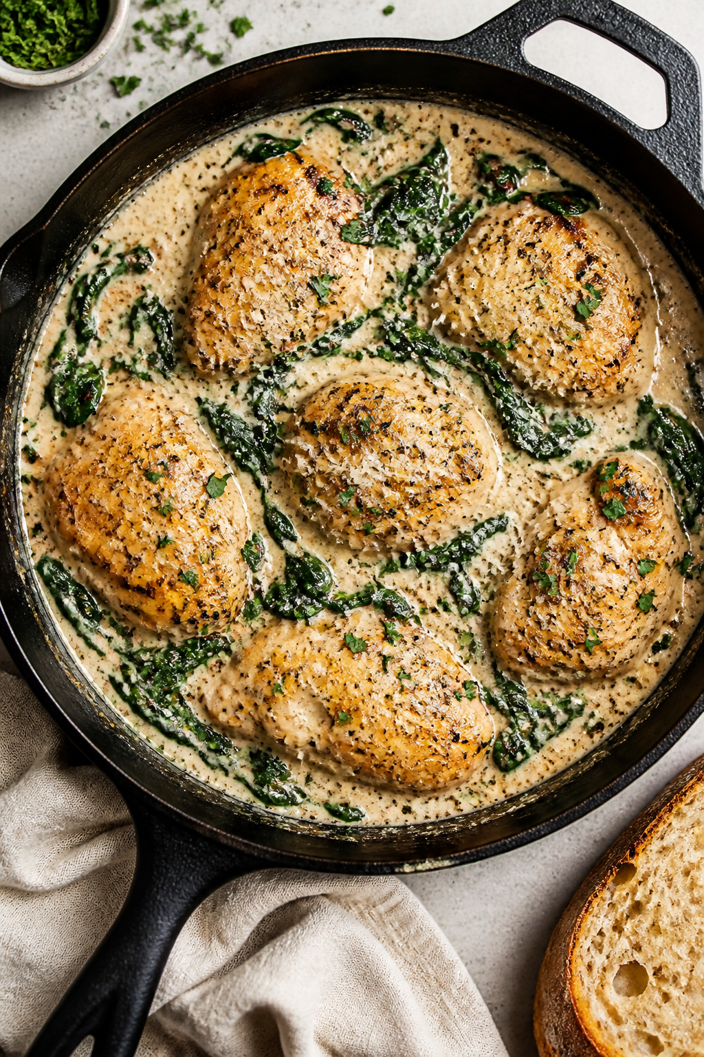 Tasty top view: Overhead shot of the finished Creamy Garlic Chicken & Spinach Skillet, chicken piece