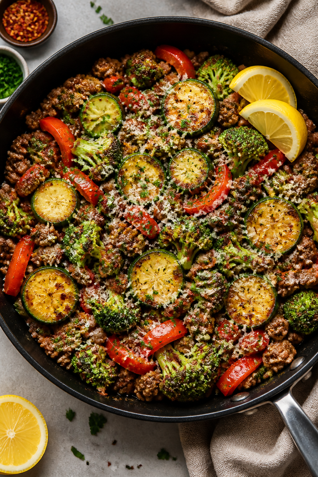 Tasty top view — Overhead shot of the finished Garlic Butter Ground Turkey & Veggies in the skille
