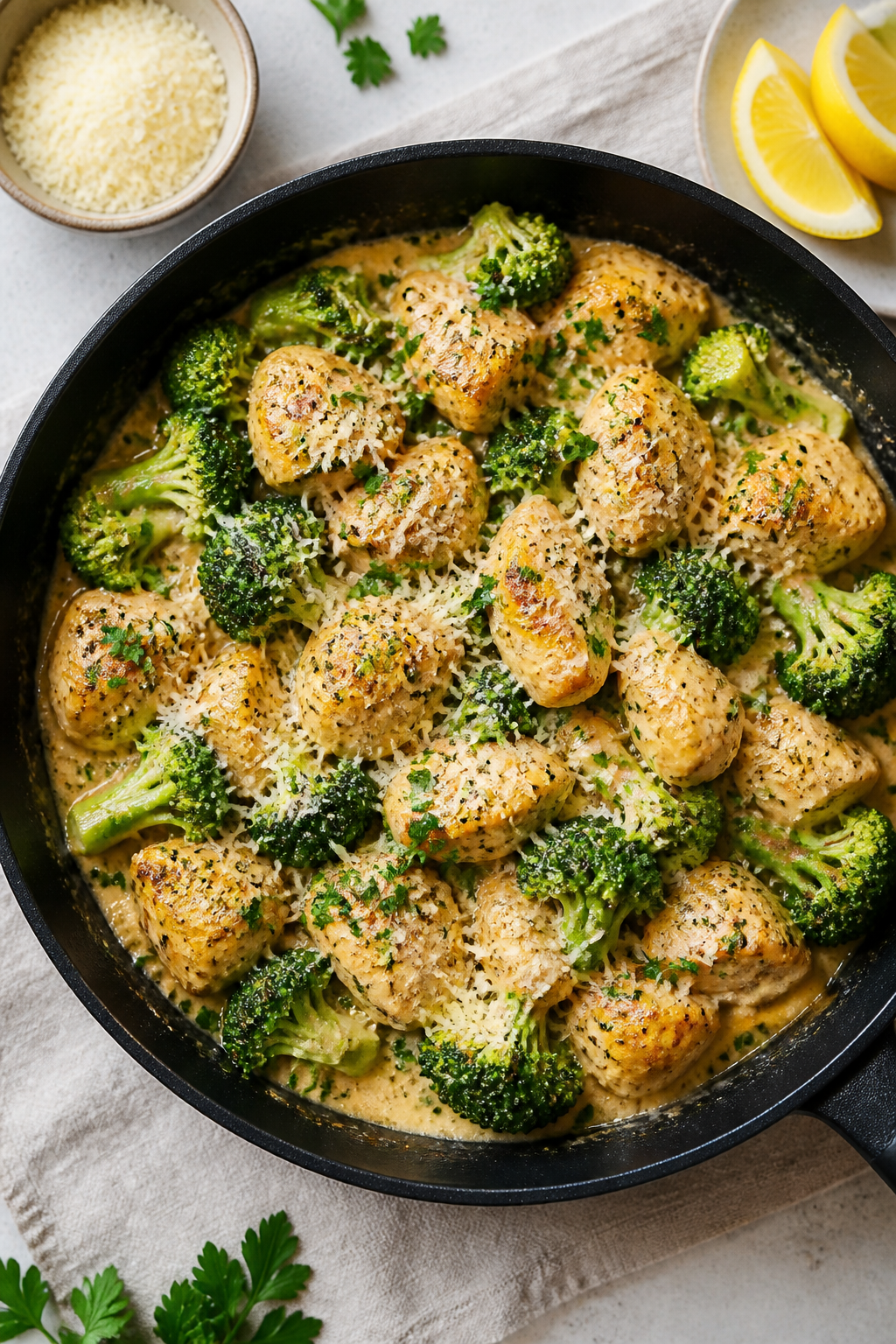 Tasty top view: Overhead shot of the finished Garlic Parmesan Chicken & Broccoli Skillet, sauce ligh