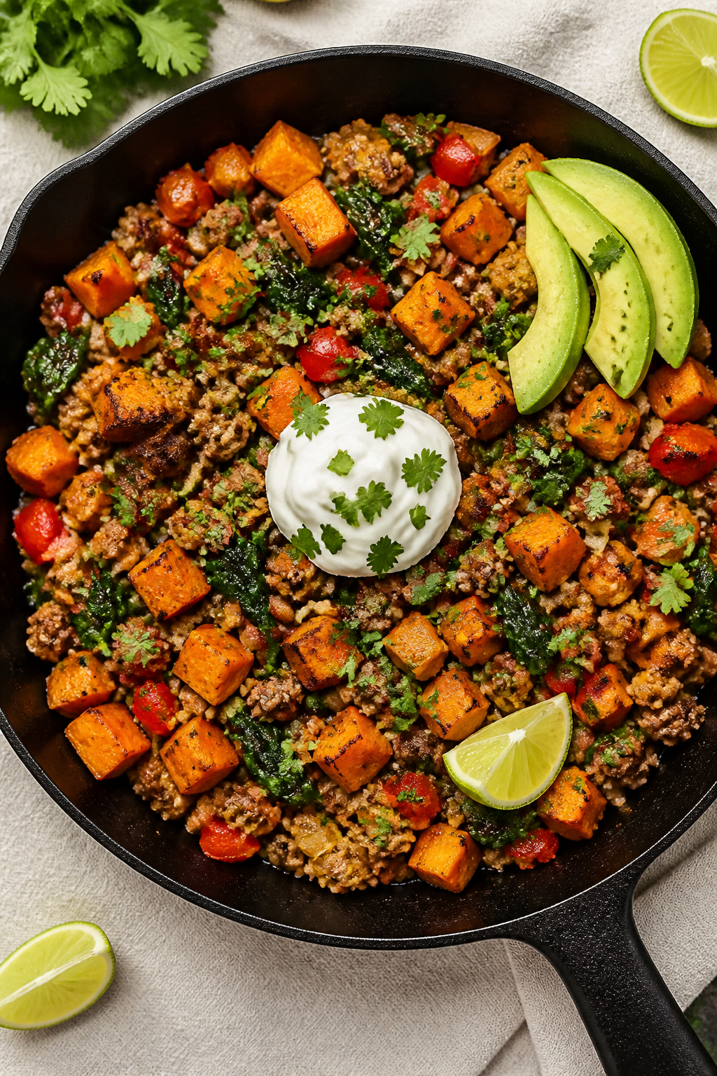 Tasty top view: Overhead shot of the finished Ground Turkey Sweet Potato Skillet in the pan—golden