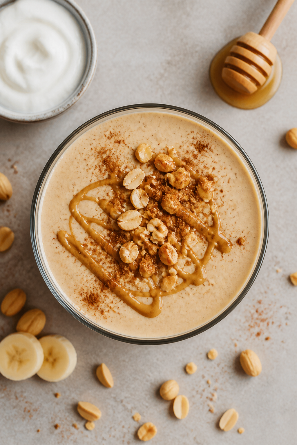 Tasty top view: Overhead shot of the finished High Protein Peanut Butter Banana Smoothie poured into