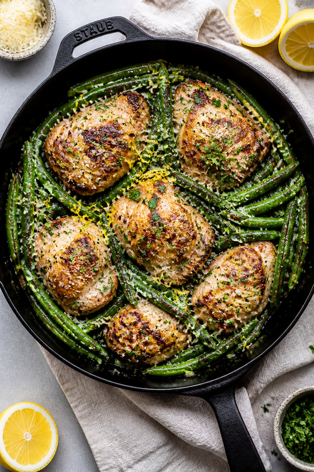 Tasty top view: Overhead shot of the finished one-pan Garlic Parmesan Chicken & Green Beans straight