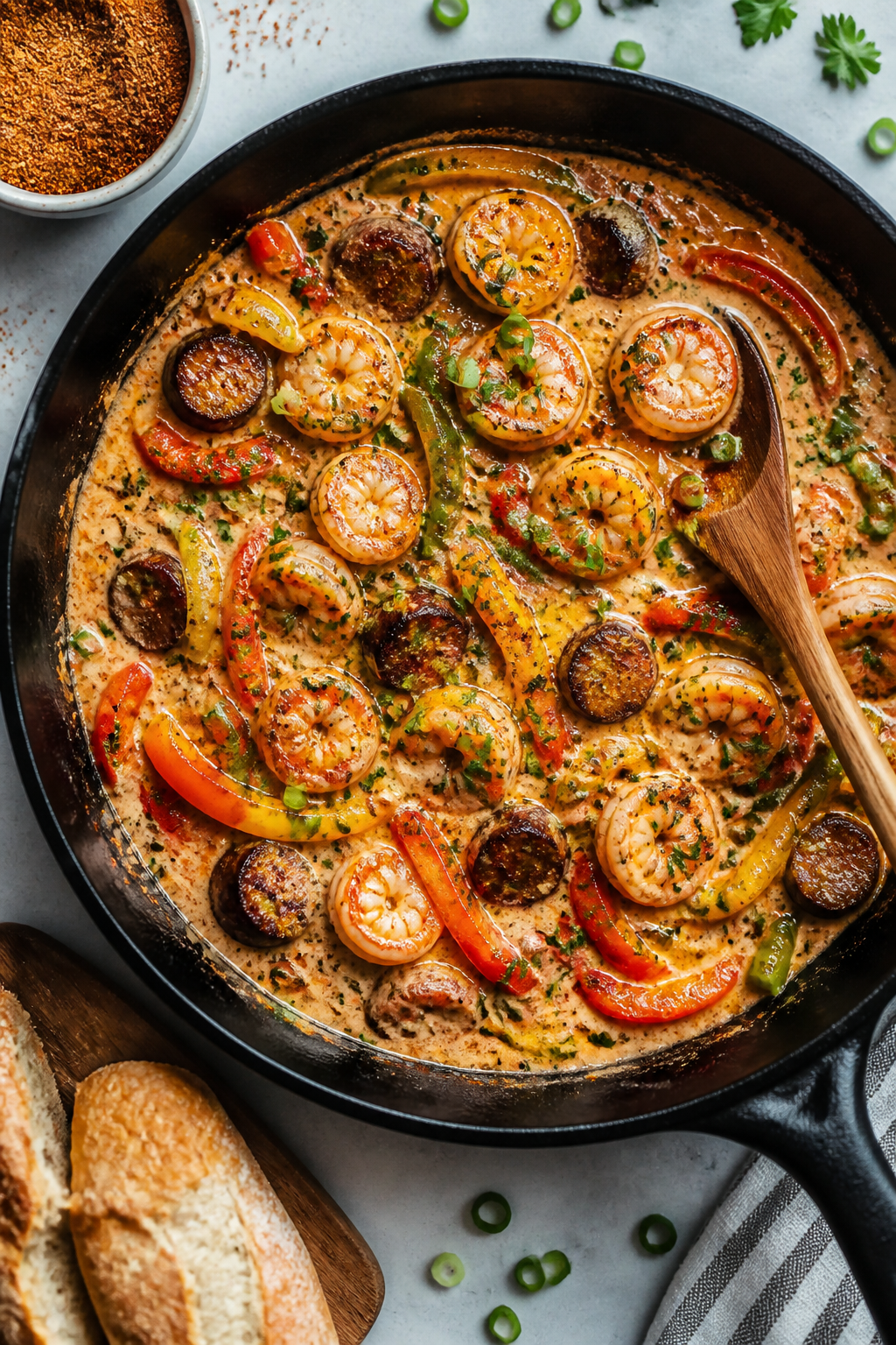 Tasty top view: Overhead shot of the finished skillet right off the stove—shrimp evenly distribute