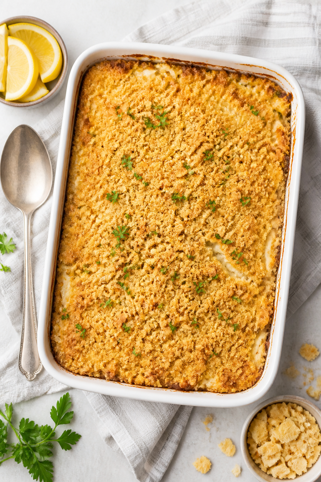 Tasty top view: Overhead shot of the freshly baked casserole in a 9x13 dish, edges bubbling, evenly