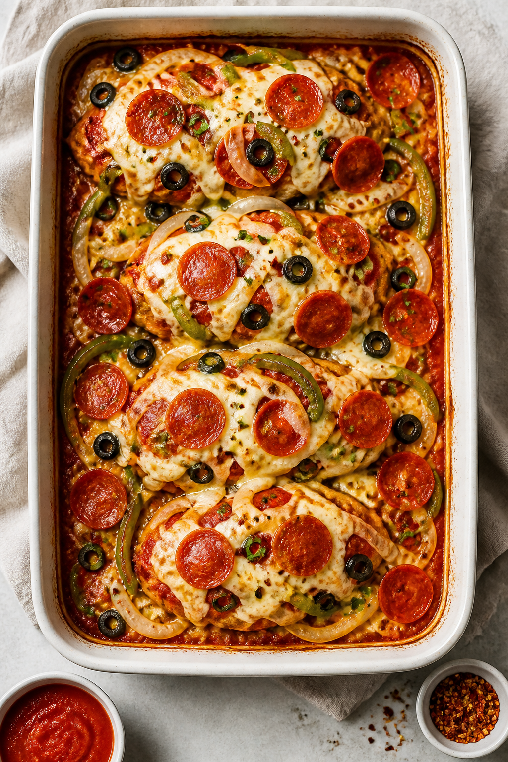 Tasty top view: Overhead shot of the High Protein Pizza Chicken Bake straight out of the oven in a 9