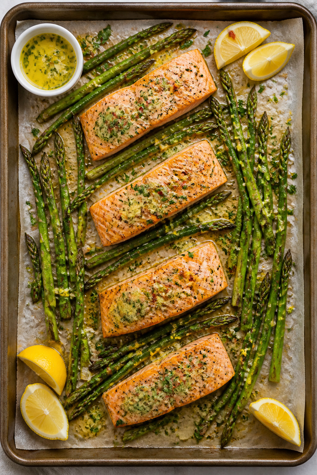 Tasty top view: Overhead shot of the one-pan Garlic Herb Butter Salmon & Asparagus on a parchment-li