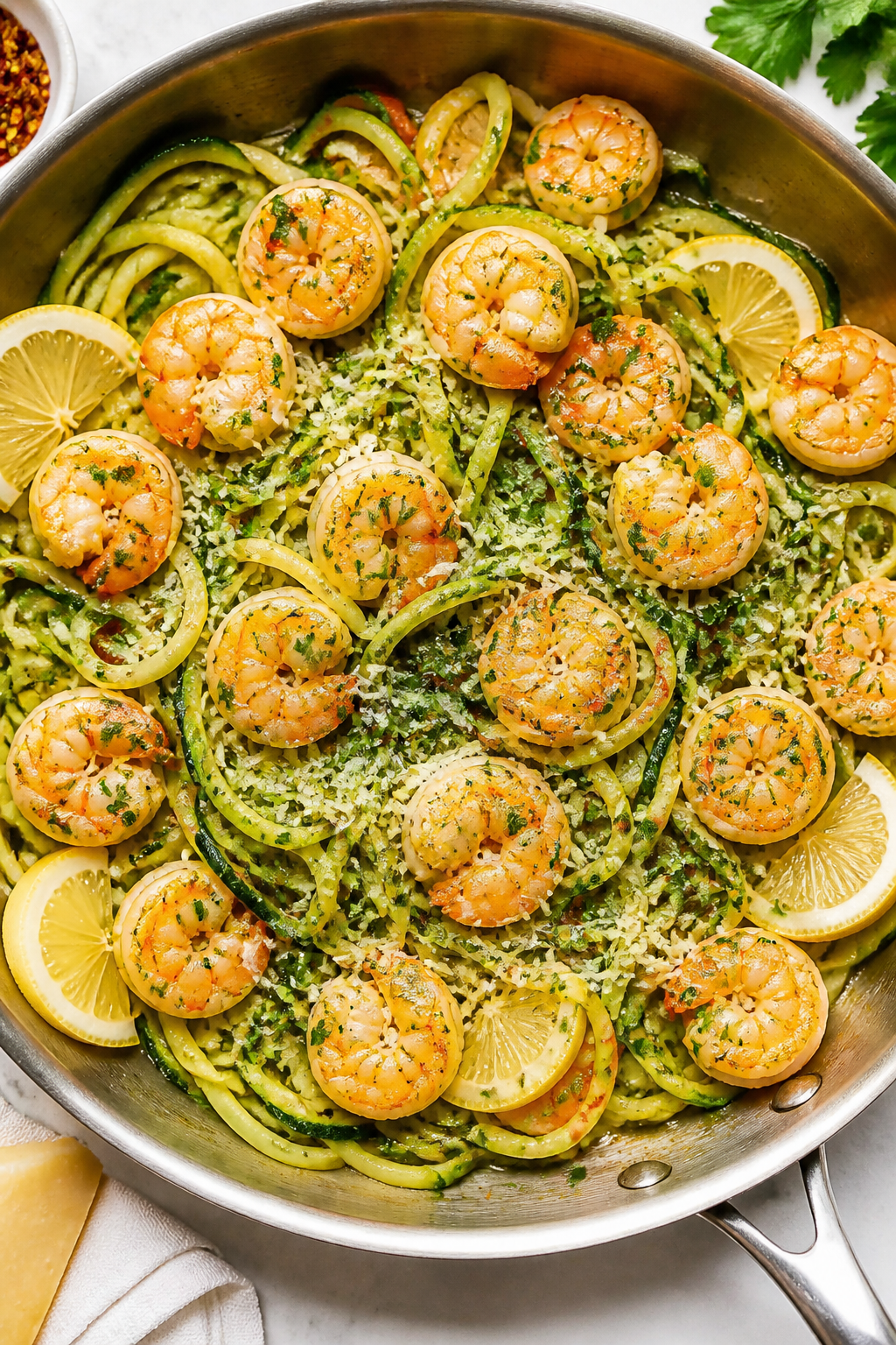 Tasty top view: Overhead shot of zucchini noodles tossed with garlic butter shrimp in the skillet, t