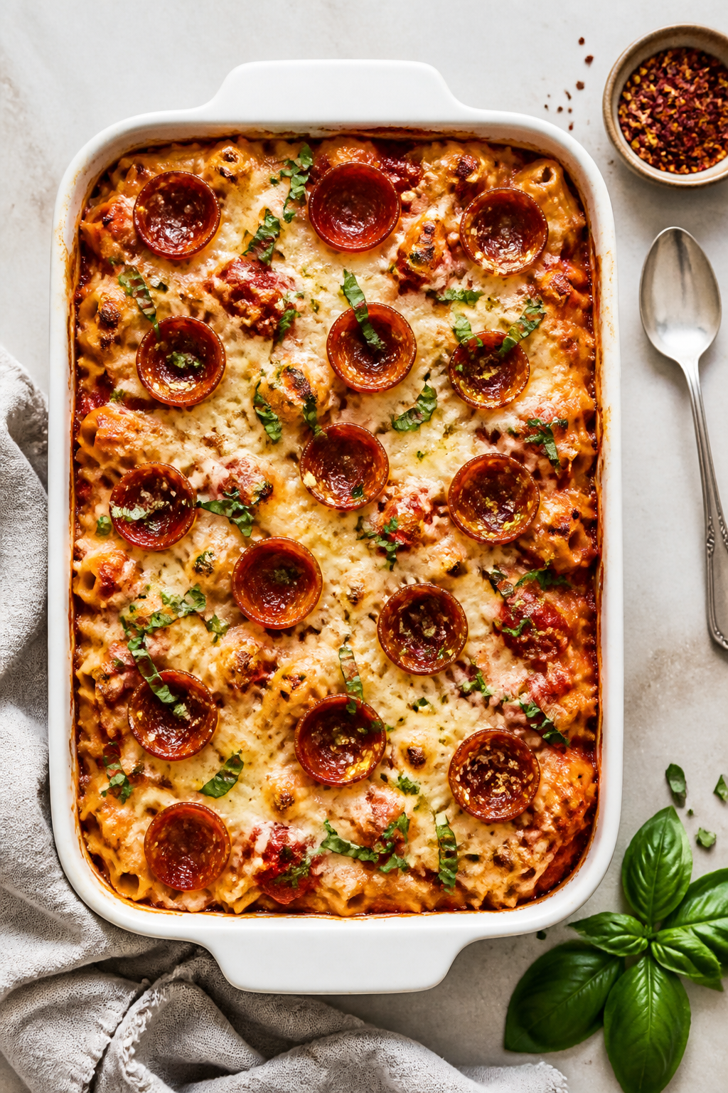 Tasty top view, overhead shot: Overhead shot of the assembled and broiled Cheesy High Protein Pizza