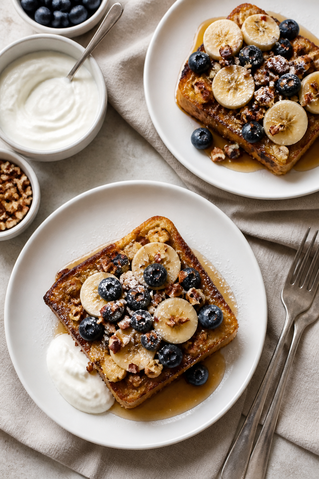 Tasty top view (overhead): Sliced squares of the Protein French Toast Bake plated on matte white pla
