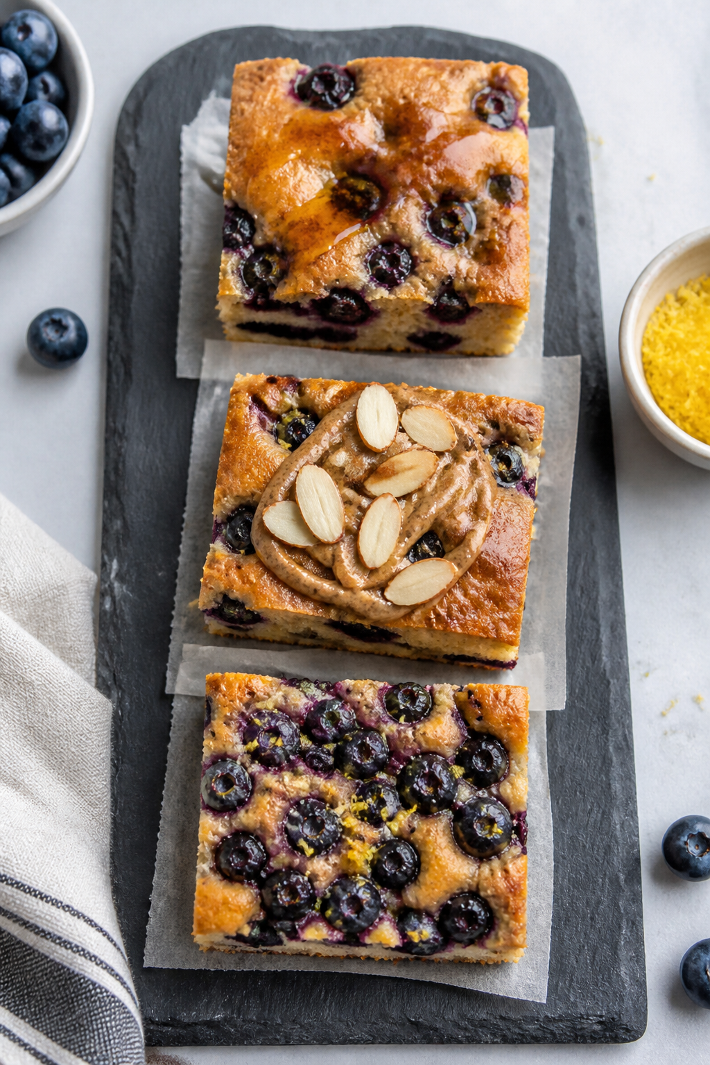 Three neatly sliced squares arranged on a matte slate platter for meal prep, overhead composition: e