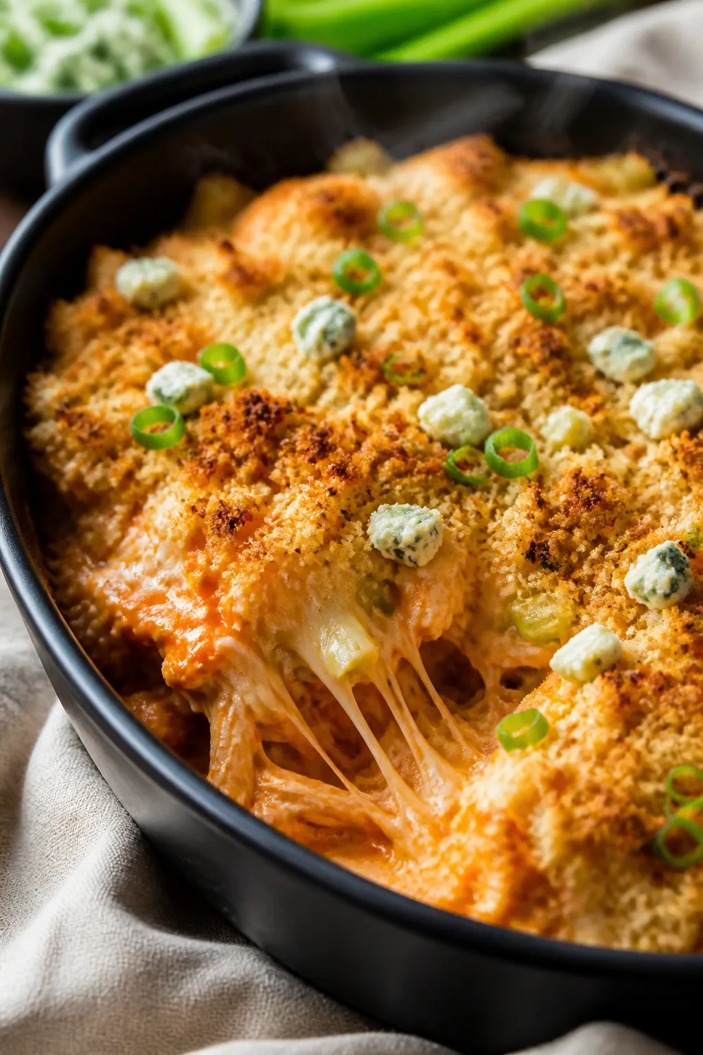 Close-up detail: A bubbling, just-baked High Protein Rotisserie Chicken Buffalo Casserole with a lig