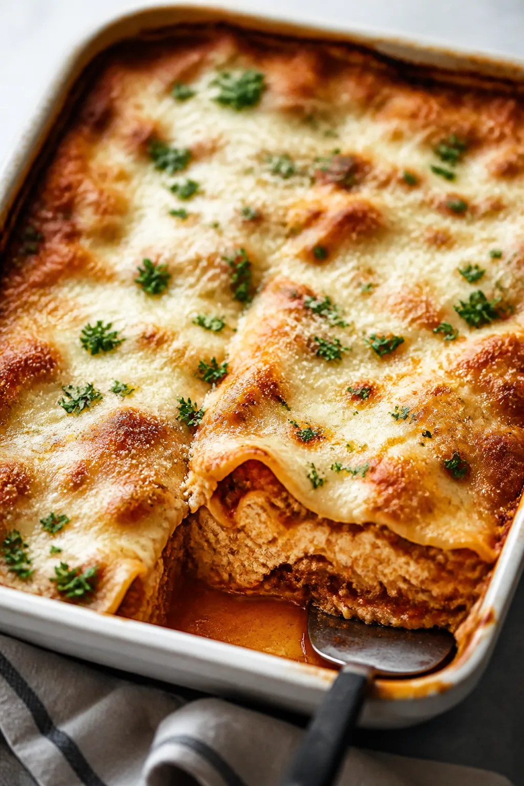 Close-up detail: A bubbling, just-uncovered Ground Chicken Cottage Cheese Lasagna in a 9x13 baking d