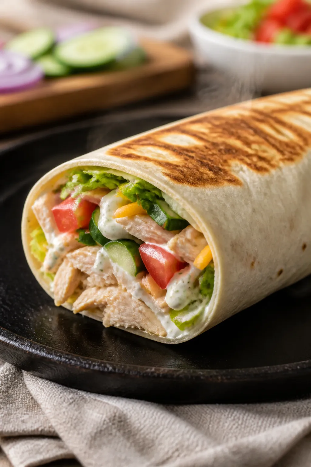 Close-up detail: A freshly assembled rotisserie chicken ranch wrap being tightly rolled on a warm, l