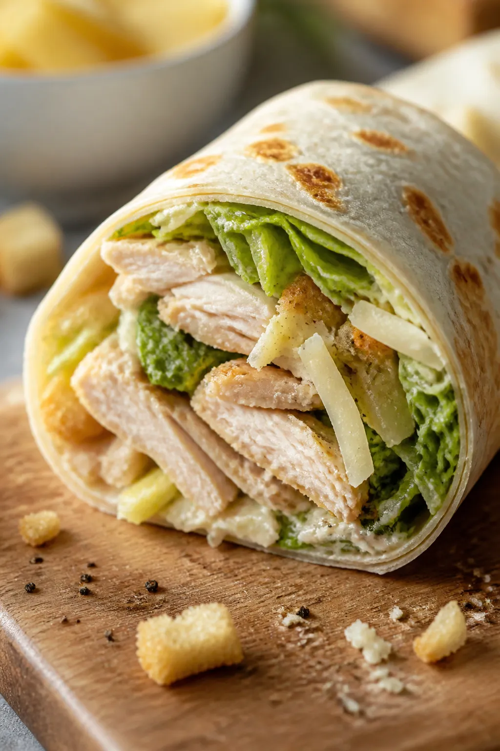 Close-up detail: A just-sliced rotisserie chicken Caesar wrap half, cut on the bias, showing juicy s
