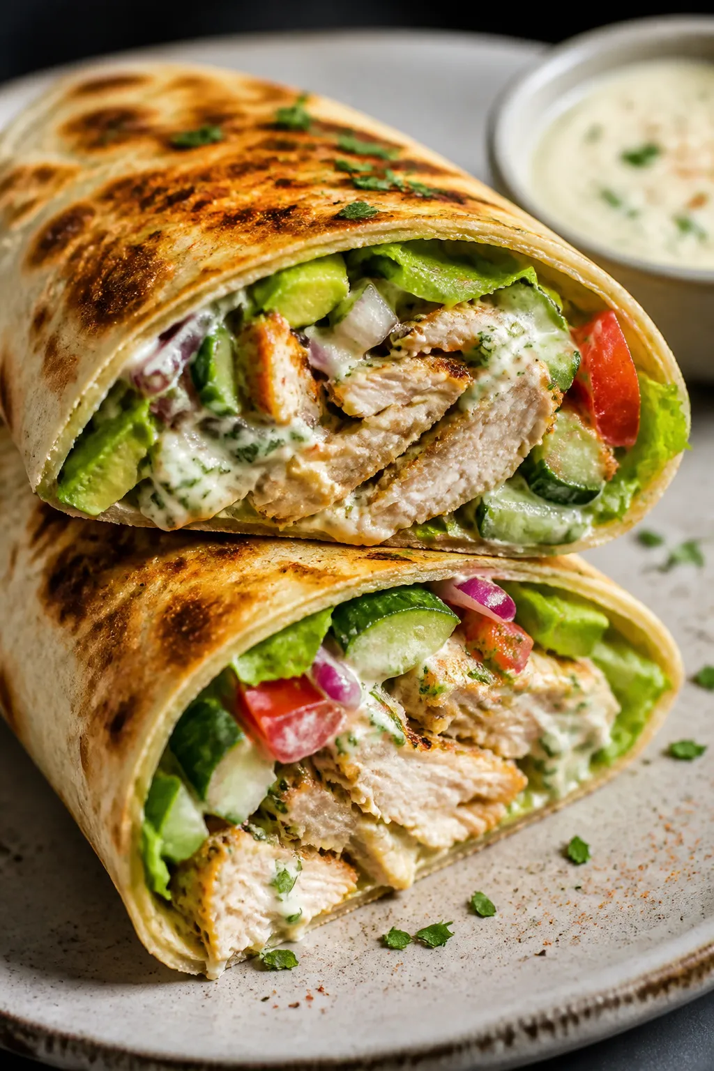 Close-up detail: A just-toasted rotisserie chicken wrap, sliced on a diagonal to reveal juicy shredd