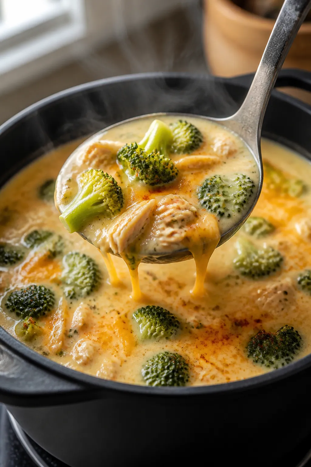 Close-up detail: A ladle lifting creamy broccoli cheddar chicken soup from a matte black pot at a ge
