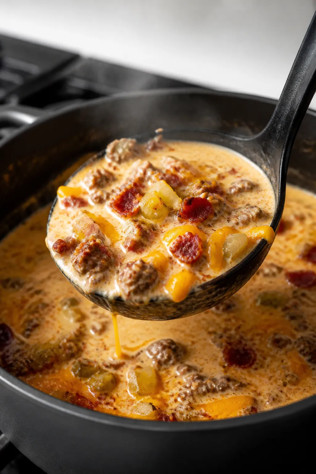 Close-up detail: A ladle lifting creamy Keto Bacon Cheeseburger Soup from a matte black Dutch oven,